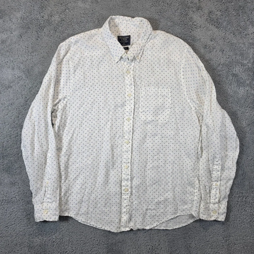Abercrombie & Fitch Linen Shirt Mens XL White Blue Diamond Print Button Down EUC